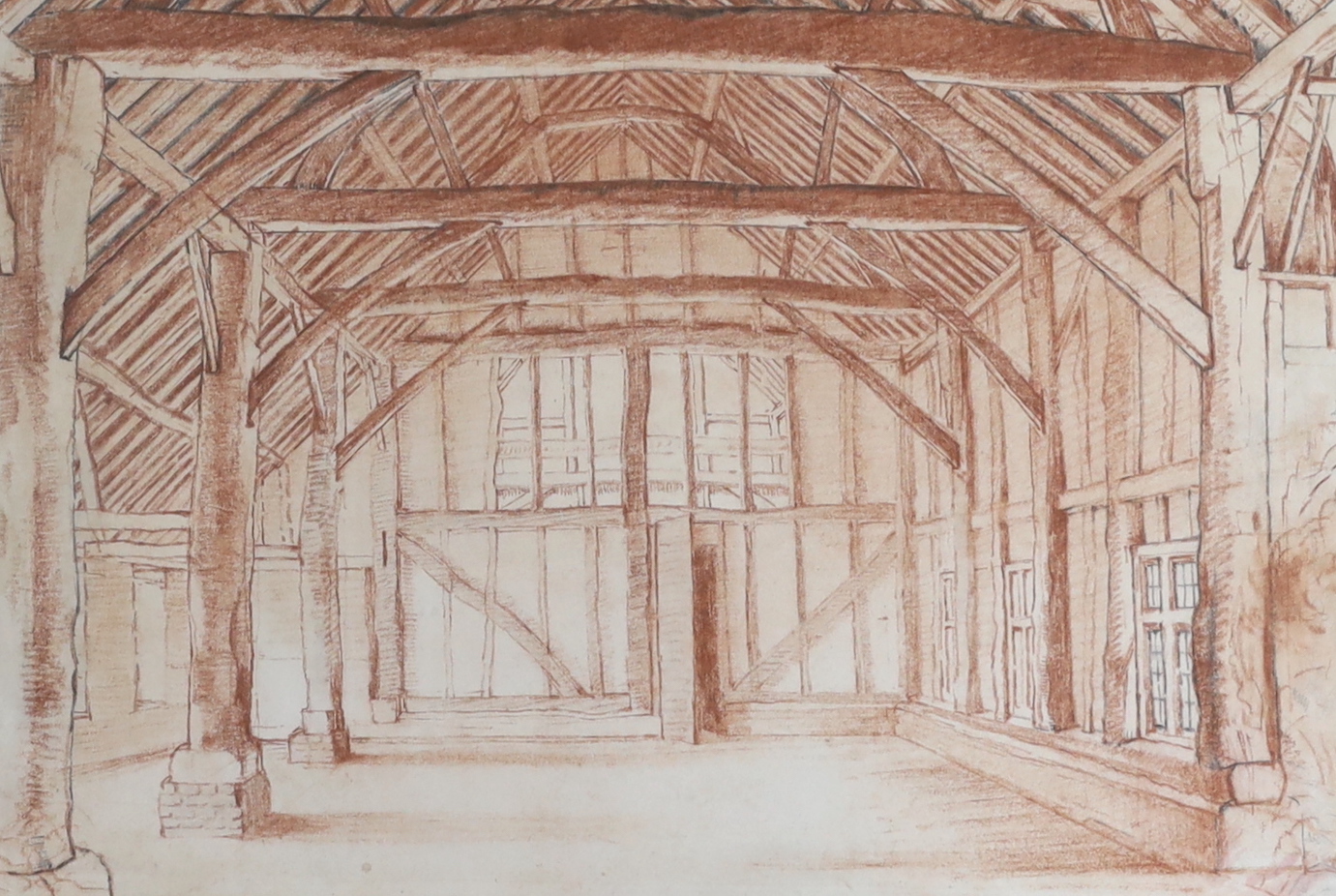Circle of Karl Hagedorn (1889-1969) / Sir George Clausen (1852-1944), sanguine and black chalk, Study for The Golden Barn 1920, inscribed verso, 24 x 37cm